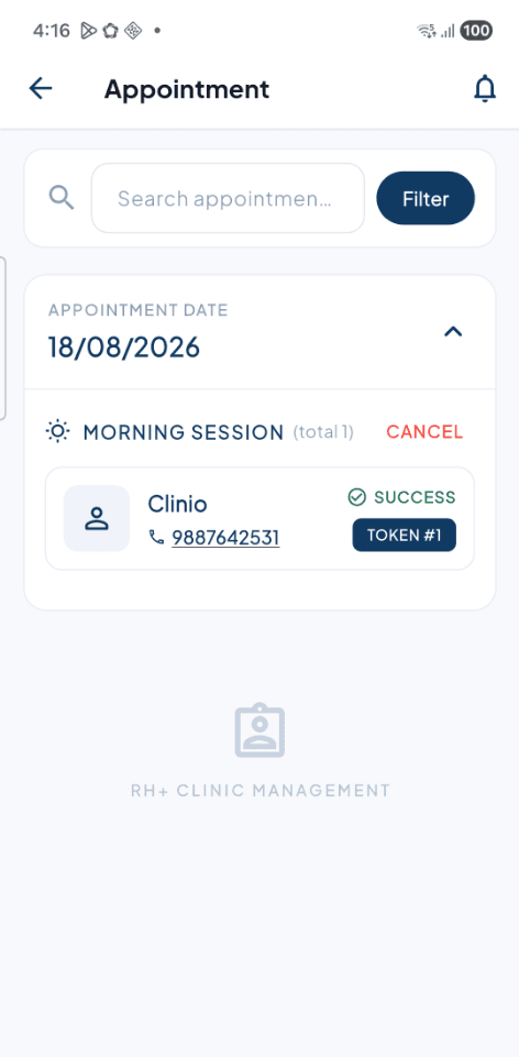RH+ Agent Assisted Booking & Appointment List Screen