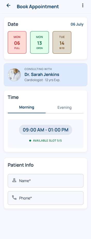 RH+ Clinic Mobile Queue & Token Manager Screen