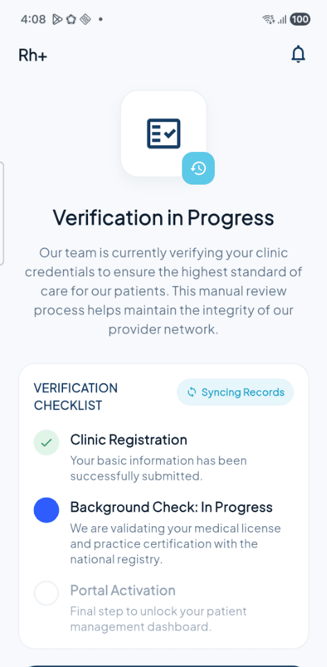 RH+ Clinic Verification in Progress Checklist Screen